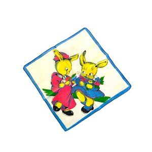 Vintage Child's Hankie from the 1940s, Bunnies on a Bicycle, Whimsical Easter